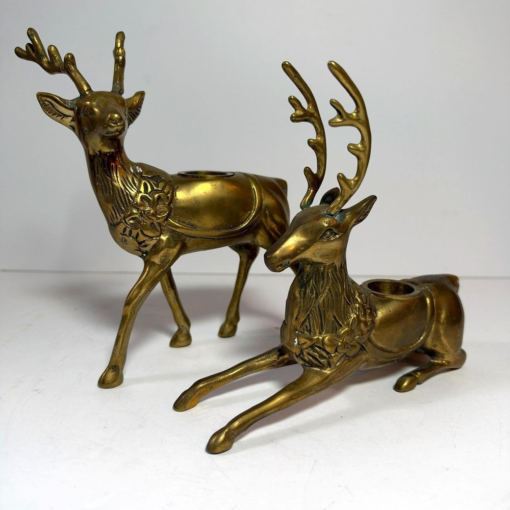 Silvestri Brass Reindeer Candle Holders Pair Standing Reclining Christmas VTG